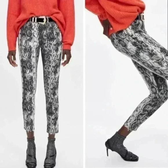 Zara Snakeskin Print Jeans High Waisted Ankle Cropped Raw Hem Grey  Cream Size 2 - Picture 2 of 16